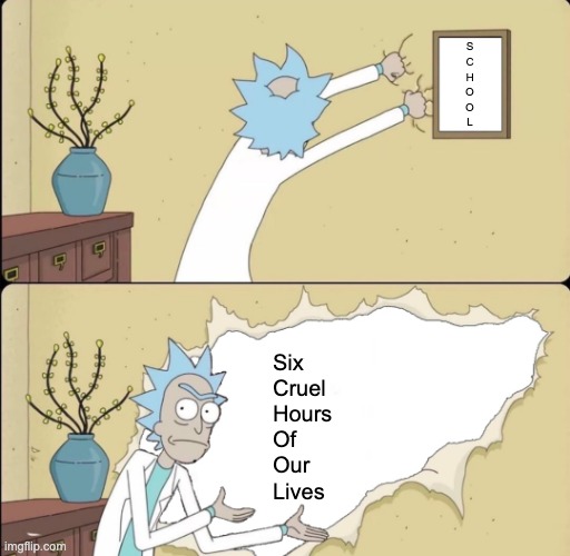 Rick Reveals Truth | S
C
H
O
O
L; Six
Cruel
Hours
Of
Our
Lives | image tagged in rick reveals truth | made w/ Imgflip meme maker