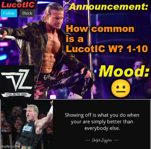 LucotIC's "Dolph Ziggler" template 15# | How common is a LucotIC W? 1-10; 😐 | image tagged in lucotic's dolph ziggler template 15 | made w/ Imgflip meme maker