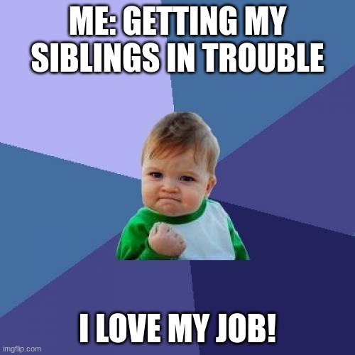 we need a sibling stream tho | ME: GETTING MY SIBLINGS IN TROUBLE; I LOVE MY JOB! | image tagged in memes,success kid | made w/ Imgflip meme maker