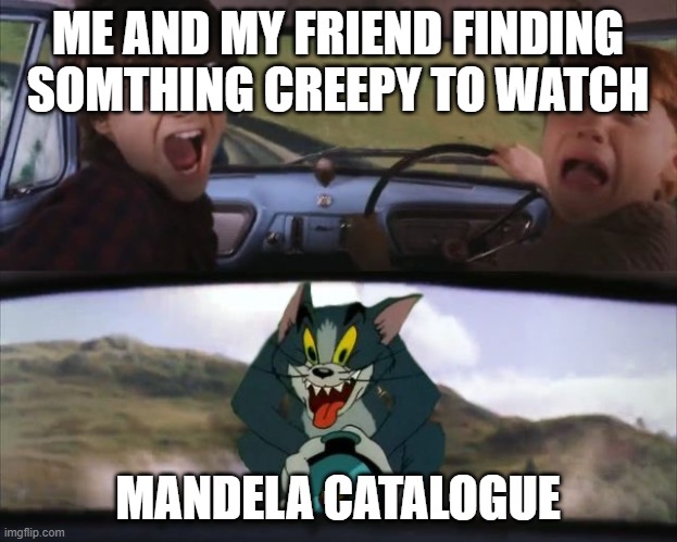 The show scared the shit out of me | ME AND MY FRIEND FINDING SOMTHING CREEPY TO WATCH; MANDELA CATALOGUE | image tagged in tom from t j chasing harry and ron | made w/ Imgflip meme maker