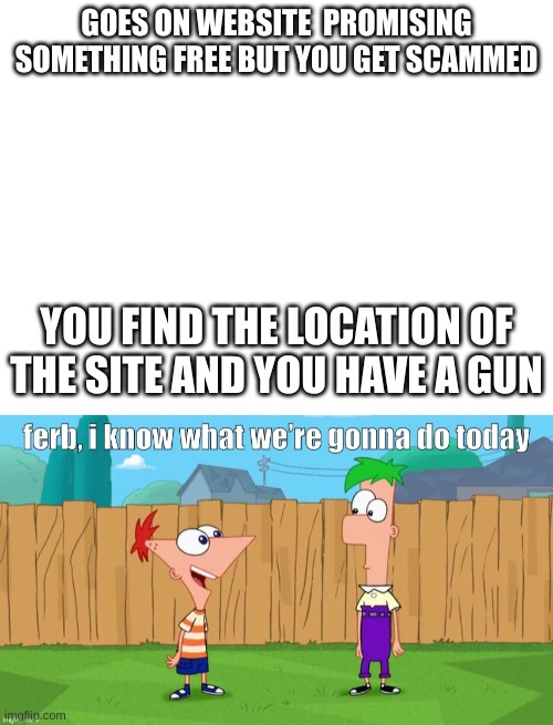 GOES ON WEBSITE  PROMISING SOMETHING FREE BUT YOU GET SCAMMED; YOU FIND THE LOCATION OF THE SITE AND YOU HAVE A GUN | image tagged in ferb i know what we re gonna do today | made w/ Imgflip meme maker