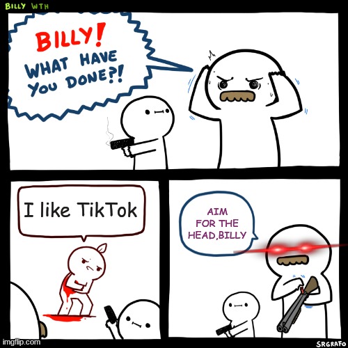 Billy, What Have You Done | I like TikTok; AIM FOR THE HEAD, BILLY | image tagged in billy what have you done | made w/ Imgflip meme maker