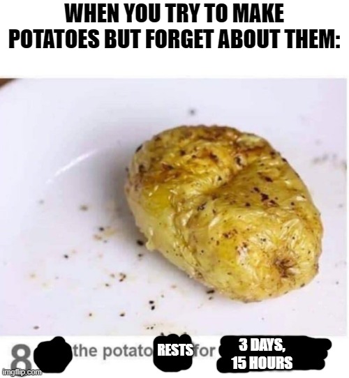 bruh, forgot it, now it's bad | WHEN YOU TRY TO MAKE POTATOES BUT FORGET ABOUT THEM:; RESTS; 3 DAYS, 15 HOURS | image tagged in let the potato rest for five minutes,forget,forgetting,potato,potatoes | made w/ Imgflip meme maker