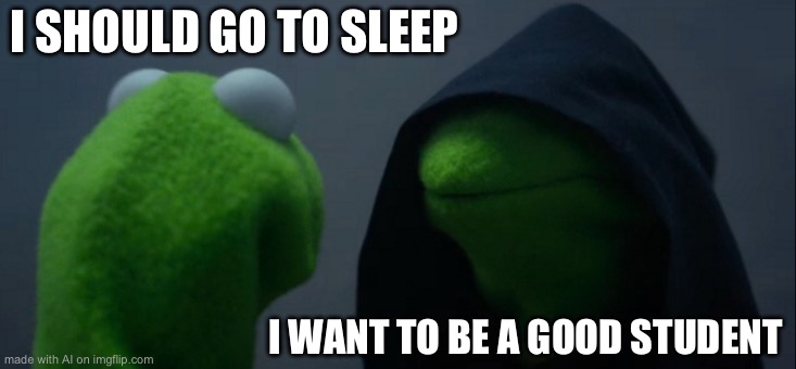 Evil Kermit | I SHOULD GO TO SLEEP; I WANT TO BE A GOOD STUDENT | image tagged in memes,evil kermit | made w/ Imgflip meme maker
