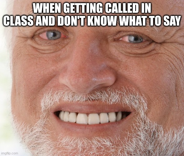 me | WHEN GETTING CALLED IN CLASS AND DON'T KNOW WHAT TO SAY | image tagged in hide the pain harold | made w/ Imgflip meme maker