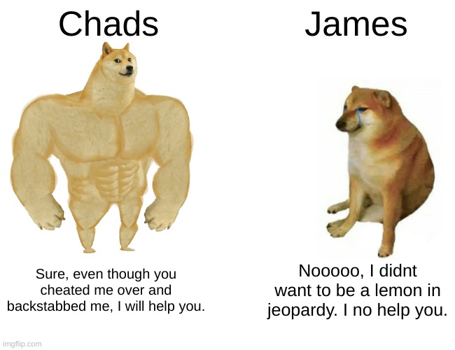 Buff Doge vs. Cheems Meme | Chads; James; Sure, even though you cheated me over and backstabbed me, I will help you. Nooooo, I didnt want to be a lemon in jeopardy. I no help you. | image tagged in memes,buff doge vs cheems | made w/ Imgflip meme maker