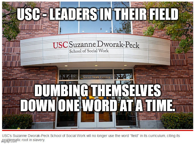 When asked for clarification, a spokesperson said they would not be fielding any questions at this time | USC - LEADERS IN THEIR FIELD; DUMBING THEMSELVES DOWN ONE WORD AT A TIME. | image tagged in woke,insanity | made w/ Imgflip meme maker