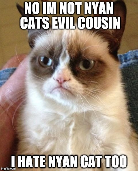 Grumpy Cat | NO IM NOT NYAN CATS EVIL COUSIN I HATE NYAN CAT TOO | image tagged in memes,grumpy cat | made w/ Imgflip meme maker
