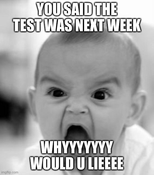 Angry Baby Meme | YOU SAID THE TEST WAS NEXT WEEK; WHYYYYYYY WOULD U LIEEEE | image tagged in memes,angry baby | made w/ Imgflip meme maker