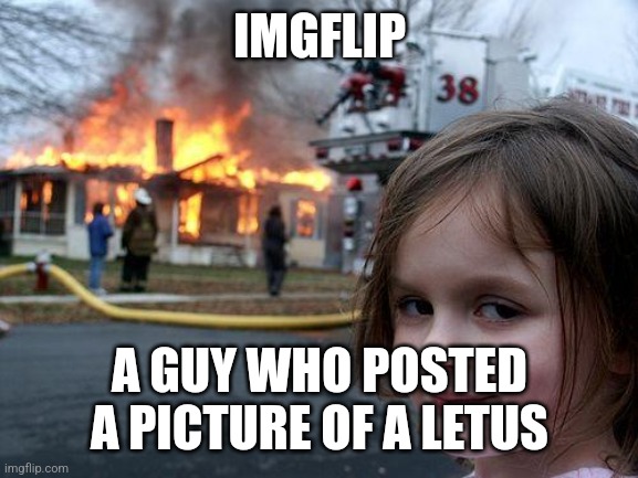 Let us | IMGFLIP; A GUY WHO POSTED A PICTURE OF A LETUS | image tagged in memes,disaster girl,lettuce | made w/ Imgflip meme maker