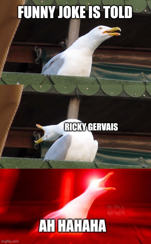 Inhaling seagull | FUNNY JOKE IS TOLD; RICKY GERVAIS; AH HAHAHA | image tagged in inhaling seagull,ricky gervais | made w/ Imgflip meme maker