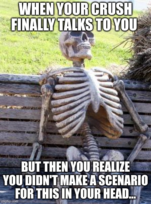 Waiting Skeleton Meme | WHEN YOUR CRUSH FINALLY TALKS TO YOU; BUT THEN YOU REALIZE YOU DIDN'T MAKE A SCENARIO FOR THIS IN YOUR HEAD... | image tagged in memes,waiting skeleton | made w/ Imgflip meme maker