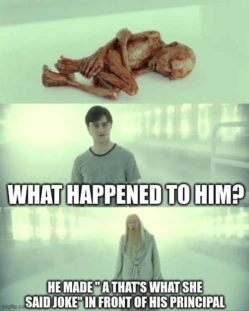 Dead Baby Voldemort / What Happened To Him | WHAT HAPPENED TO HIM? HE MADE " A THAT'S WHAT SHE SAID JOKE" IN FRONT OF HIS PRINCIPAL | image tagged in dead baby voldemort / what happened to him | made w/ Imgflip meme maker