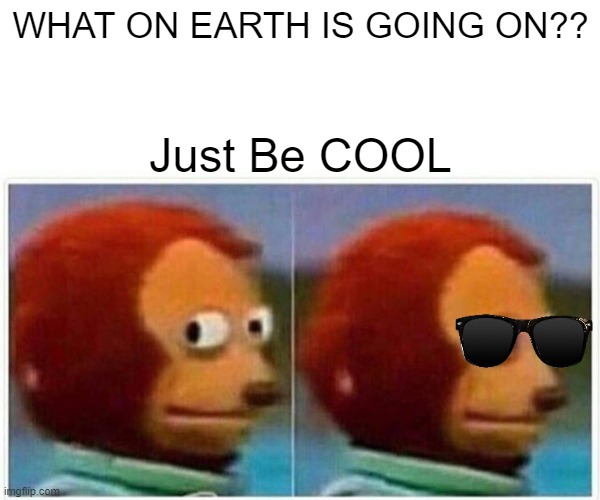 lol | WHAT ON EARTH IS GOING ON?? Just Be COOL | image tagged in memes,monkey puppet | made w/ Imgflip meme maker