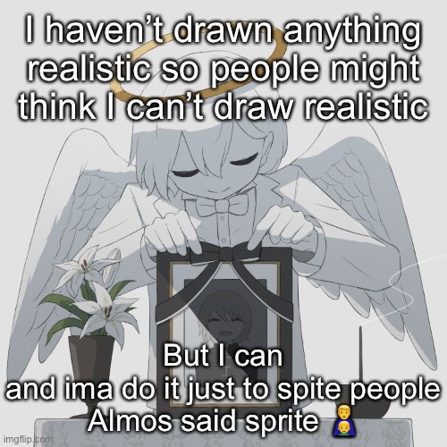 Meant to say in a while but ig i didn’t type it, idk I think something but don’t type it | I haven’t drawn anything realistic so people might think I can’t draw realistic; But I can
and ima do it just to spite people
Almos said sprite 👨‍👦 | image tagged in avogado6 | made w/ Imgflip meme maker