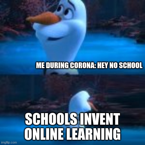 Online learning | ME DURING CORONA: HEY NO SCHOOL; SCHOOLS INVENT ONLINE LEARNING | image tagged in funny | made w/ Imgflip meme maker