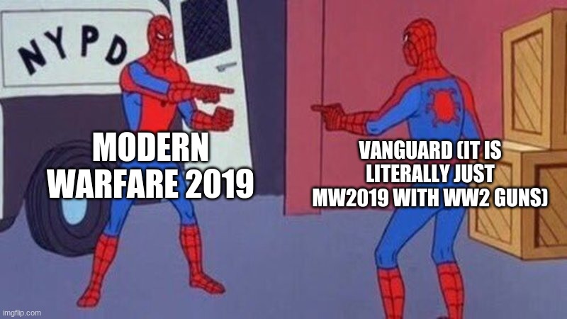 i mean, am i wrong? | MODERN WARFARE 2019; VANGUARD (IT IS LITERALLY JUST MW2019 WITH WW2 GUNS) | image tagged in spiderman pointing at spiderman | made w/ Imgflip meme maker