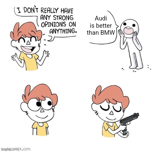 I don't really have strong opinions | Audi is better than BMW | image tagged in i don't really have strong opinions | made w/ Imgflip meme maker