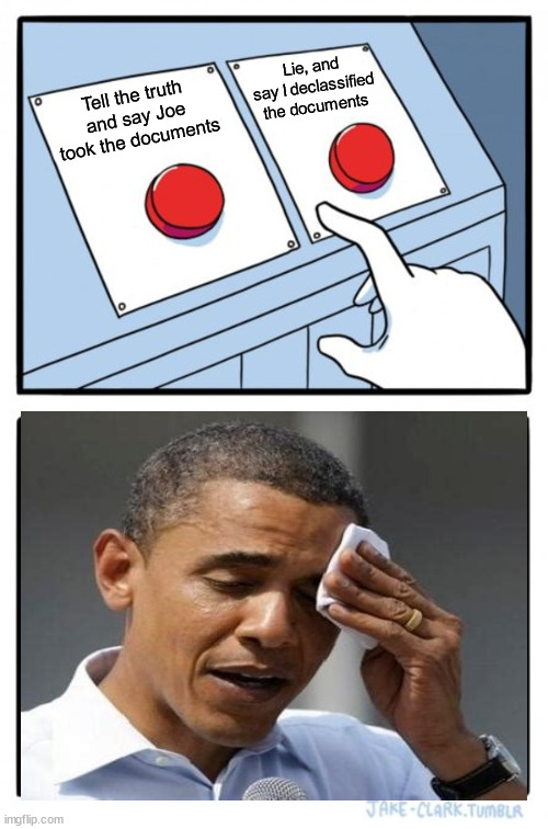 Lie to save Joe; Trump had the same right to declassify...  Burn Joe for committing a felony... | Lie, and say I declassified the documents; Tell the truth and say Joe took the documents | image tagged in memes,two buttons,obama,decisions decisions | made w/ Imgflip meme maker