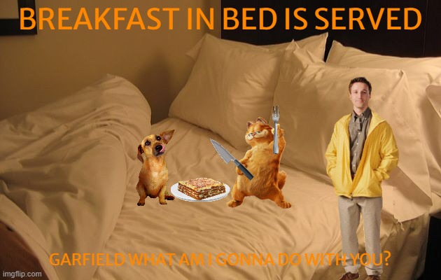 garfield's breakfast in bed | BREAKFAST IN BED IS SERVED; GARFIELD WHAT AM I GONNA DO WITH YOU? | image tagged in bed,garfield,cats,breakfast | made w/ Imgflip meme maker