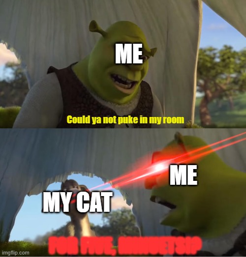 me @ my cat | ME; Could ya not puke in my room; ME; MY CAT; FOR FIVE, MINUETS!? | image tagged in shrek for five minutes | made w/ Imgflip meme maker