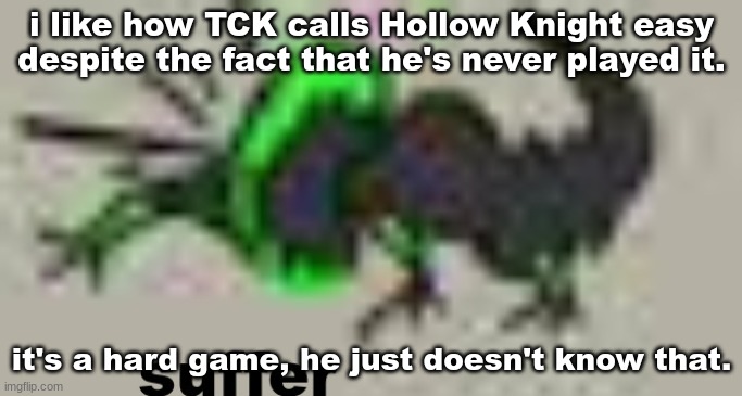 suffer | i like how TCK calls Hollow Knight easy despite the fact that he's never played it. it's a hard game, he just doesn't know that. | image tagged in suffer | made w/ Imgflip meme maker