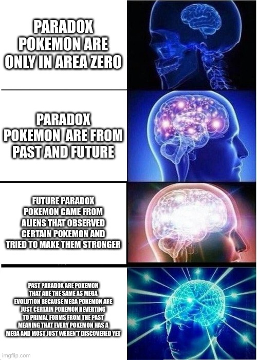 Expanding Brain | PARADOX POKEMON ARE ONLY IN AREA ZERO; PARADOX POKEMON  ARE FROM PAST AND FUTURE; FUTURE PARADOX POKEMON CAME FROM ALIENS THAT OBSERVED CERTAIN POKEMON AND TRIED TO MAKE THEM STRONGER; PAST PARADOX ARE POKEMON THAT ARE THE SAME AS MEGA EVOLUTION BECAUSE MEGA POKEMON ARE JUST CERTAIN POKEMON REVERTING TO PRIMAL FORMS FROM THE PAST MEANING THAT EVERY POKEMON HAS A MEGA AND MOST JUST WEREN'T DISCOVERED YET | image tagged in memes,expanding brain | made w/ Imgflip meme maker