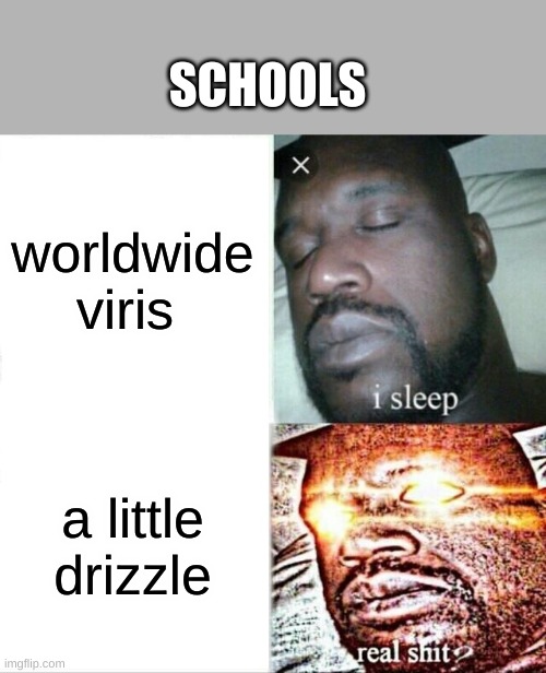Sleeping Shaq | SCHOOLS; worldwide viris; a little drizzle | image tagged in memes,sleeping shaq | made w/ Imgflip meme maker