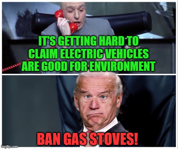 Enviro-junk science meets endless government power | IT'S GETTING HARD TO CLAIM ELECTRIC VEHICLES ARE GOOD FOR ENVIRONMENT; BAN GAS STOVES! | image tagged in dr evil and frau yelling,biden,gas stoves,ban | made w/ Imgflip meme maker