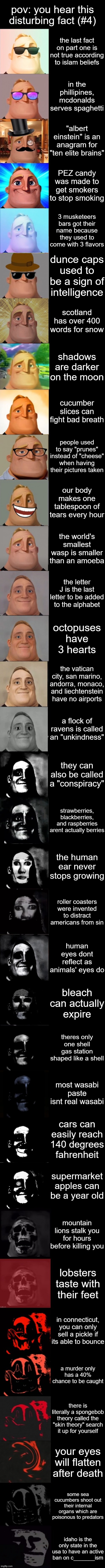 mr incredible becoming uncanny disturbing facts #4 | pov: you hear this disturbing fact (#4); the last fact on part one is not true according to islam beliefs; in the phillipines, mcdonalds serves spaghetti; "albert einstein" is an anagram for "ten elite brains"; PEZ candy was made to get smokers to stop smoking; 3 musketeers bars got their name because they used to come with 3 flavors; dunce caps used to be a sign of intelligence; scotland has over 400 words for snow; shadows are darker on the moon; cucumber slices can fight bad breath; people used to say "prunes" instead of "cheese" when having their pictures taken; our body makes one tablespoon of tears every hour; the world's smallest wasp is smaller than an amoeba; the letter J is the last letter to be added to the alphabet; octopuses have 3 hearts; the vatican city, san marino, andorra, monaco, and liechtenstein have no airports; a flock of ravens is called an "unkindness"; they can also be called a "conspiracy"; strawberries, blackberries, and raspberries arent actually berries; the human ear never stops growing; roller coasters were invented to distract americans from sin; human eyes dont reflect as animals' eyes do; bleach can actually expire; theres only one shell gas station shaped like a shell; most wasabi paste isnt real wasabi; cars can easily reach 140 degrees fahrenheit; supermarket apples can be a year old; mountain lions stalk you for hours before killing you; lobsters taste with their feet; in connecticut, you can only sell a pickle if its able to bounce; a murder only has a 40% chance to be caught; there is literally a spongebob theory called the "skin theory" search it up for yourself; your eyes will flatten after death; some sea cucumbers shoot out their internal organs which are poisonous to predators; idaho is the only state in the usa to have an active ban on c_______ism | image tagged in mr incredible becoming uncanny extended hd | made w/ Imgflip meme maker