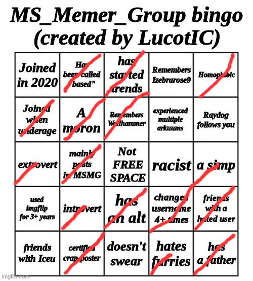 half-crossed ones are "sorta" or "used to" | image tagged in msmg bingo - by lucotic | made w/ Imgflip meme maker