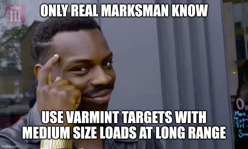 Eddie Murphy thinking | ONLY REAL MARKSMAN KNOW; USE VARMINT TARGETS WITH MEDIUM SIZE LOADS AT LONG RANGE | image tagged in eddie murphy thinking | made w/ Imgflip meme maker