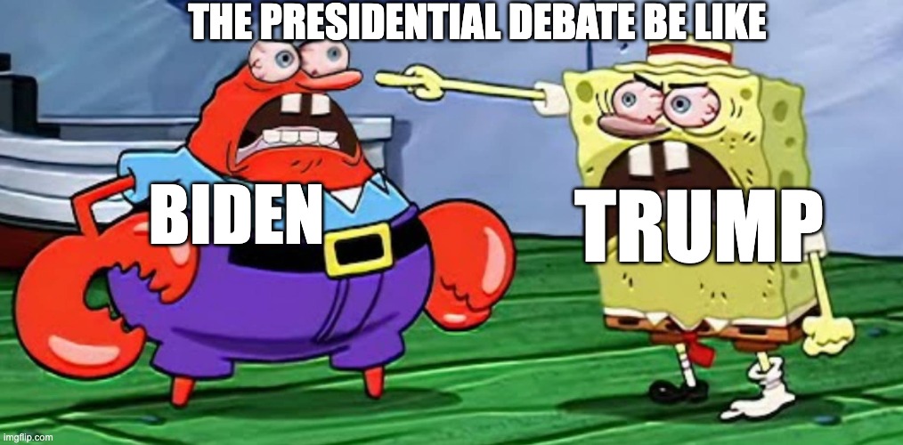 2020 election be like | THE PRESIDENTIAL DEBATE BE LIKE; TRUMP; BIDEN | image tagged in angry mr krabs and angry spongebob | made w/ Imgflip meme maker