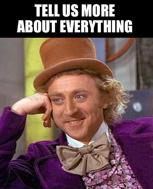 Just say nay first | TELL US MORE ABOUT EVERYTHING | image tagged in creepy condescending wonka,intelligence | made w/ Imgflip meme maker