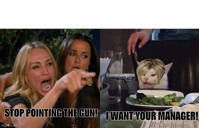 Woman Yelling At Cat | STOP POINTING THE GUN! I WANT YOUR MANAGER! | image tagged in memes,woman yelling at cat | made w/ Imgflip meme maker