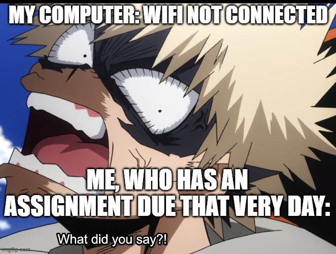 Life. | MY COMPUTER: WIFI NOT CONNECTED; ME, WHO HAS AN ASSIGNMENT DUE THAT VERY DAY: | image tagged in bakugo's what did you say,school,wifi,my hero academia,memes about my life | made w/ Imgflip meme maker