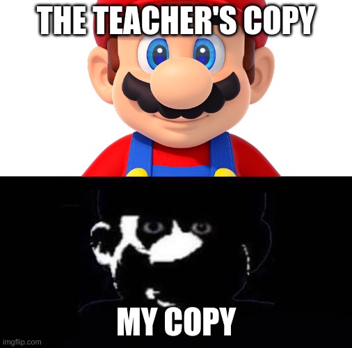 Lightside Mario VS Darkside Mario | THE TEACHER'S COPY; MY COPY | image tagged in lightside mario vs darkside mario | made w/ Imgflip meme maker