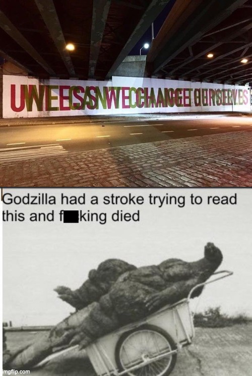WHAT?!?! | image tagged in godzilla,memes,design fails,you had one job,godzilla had a stroke trying to read this and fricking died,failure | made w/ Imgflip meme maker