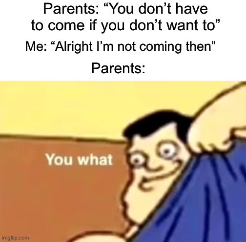 Why do they do this though… |  Parents: “You don’t have to come if you don’t want to”; Me: “Alright I’m not coming then”; Parents: | image tagged in you what,memes,funny,relatable memes,true story,funny memes | made w/ Imgflip meme maker