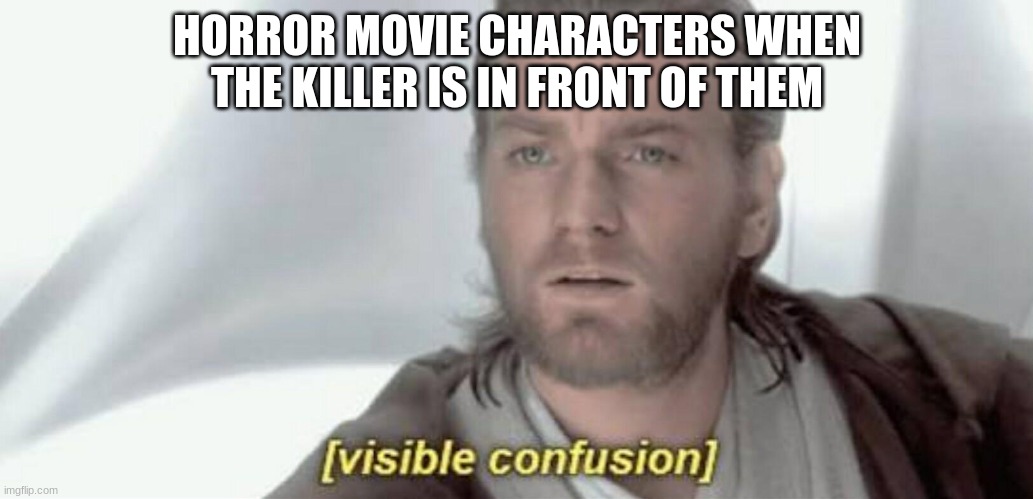 Visible Confusion | HORROR MOVIE CHARACTERS WHEN THE KILLER IS IN FRONT OF THEM | image tagged in visible confusion | made w/ Imgflip meme maker