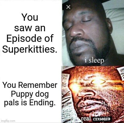 Super Kitties came out but... | You saw an Episode of Superkitties. You Remember Puppy dog pals is Ending. | image tagged in memes,sleeping shaq,superkitties,puppy dog pals,disney junior,disney | made w/ Imgflip meme maker