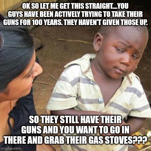 Third World Skeptical Kid | OK SO LET ME GET THIS STRAIGHT....YOU GUYS HAVE BEEN ACTIVELY TRYING TO TAKE THEIR GUNS FOR 100 YEARS. THEY HAVEN'T GIVEN THOSE UP. SO THEY STILL HAVE THEIR GUNS AND YOU WANT TO GO IN THERE AND GRAB THEIR GAS STOVES??? | image tagged in memes,third world skeptical kid | made w/ Imgflip meme maker