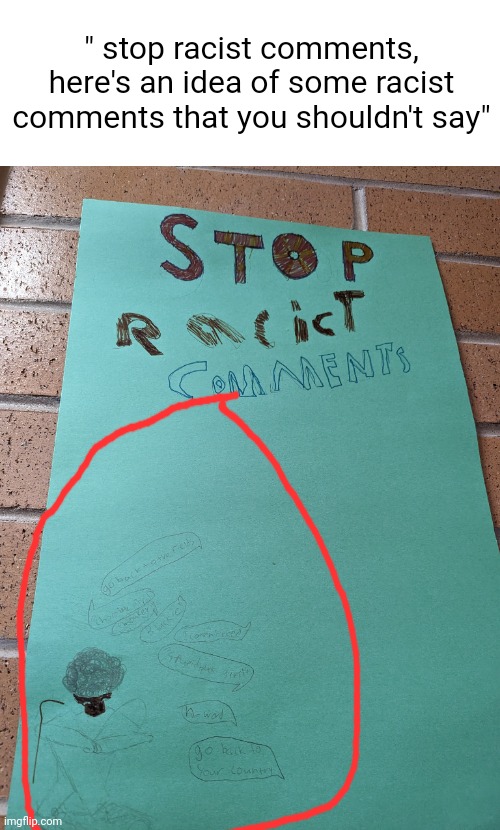 This was hung up in my school | " stop racist comments, here's an idea of some racist comments that you shouldn't say" | image tagged in racist,bruh | made w/ Imgflip meme maker