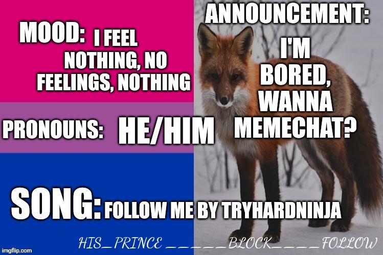 His_prince's announcement template | I FEEL NOTHING, NO FEELINGS, NOTHING; I'M BORED, WANNA MEMECHAT? HE/HIM; FOLLOW ME BY TRYHARDNINJA | image tagged in his_prince's announcement template | made w/ Imgflip meme maker