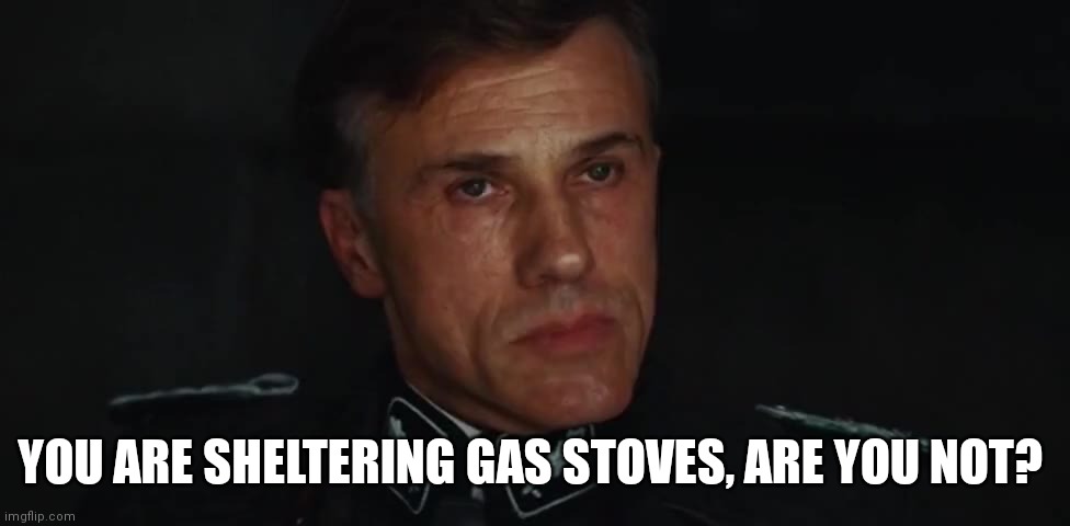 Sheltering gas stoves | YOU ARE SHELTERING GAS STOVES, ARE YOU NOT? | image tagged in gas | made w/ Imgflip meme maker