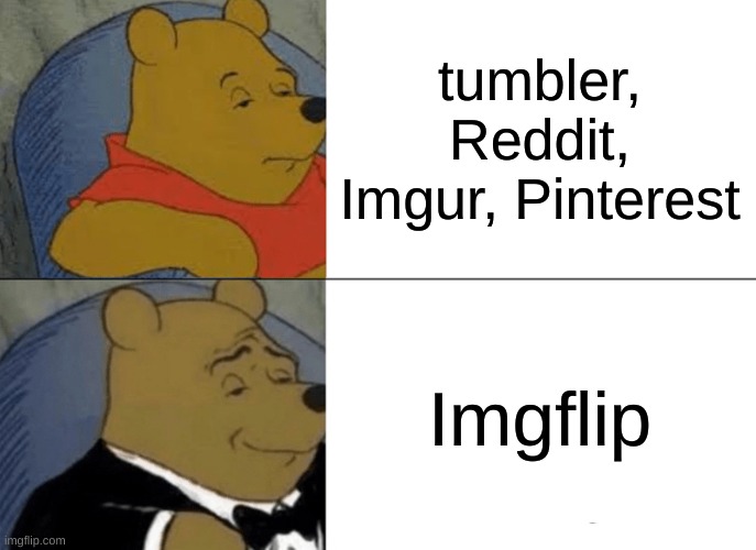 for the best meme | tumbler, Reddit, Imgur, Pinterest; Imgflip | image tagged in memes,tuxedo winnie the pooh | made w/ Imgflip meme maker