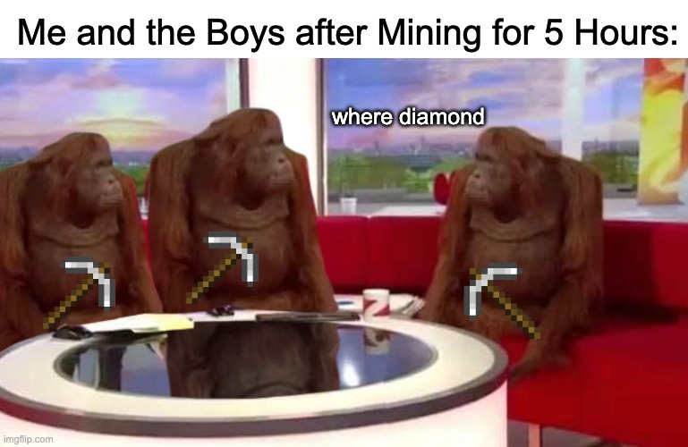 Where Diamond | Me and the Boys after Mining for 5 Hours:; where diamond | image tagged in where monkey,memes,gaming,mining,minecraft,where banana | made w/ Imgflip meme maker