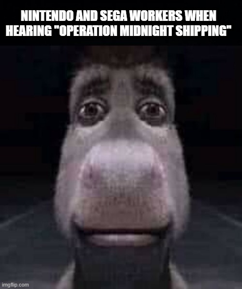 Operation Midnight Shipping | NINTENDO AND SEGA WORKERS WHEN HEARING ''OPERATION MIDNIGHT SHIPPING'' | image tagged in donkey staring,nintendo,sega,yakuza,crime | made w/ Imgflip meme maker