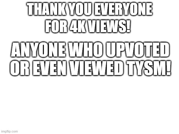 not a meme but seriously tysm guys! | FOR 4K VIEWS! THANK YOU EVERYONE; ANYONE WHO UPVOTED OR EVEN VIEWED TYSM! | image tagged in thank you,views | made w/ Imgflip meme maker