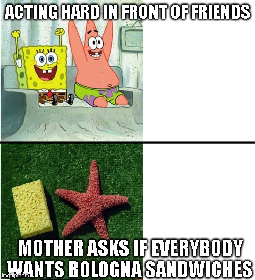Yes. Please, Mam. | ACTING HARD IN FRONT OF FRIENDS; MOTHER ASKS IF EVERYBODY WANTS BOLOGNA SANDWICHES | image tagged in good situation vs bad situation | made w/ Imgflip meme maker
